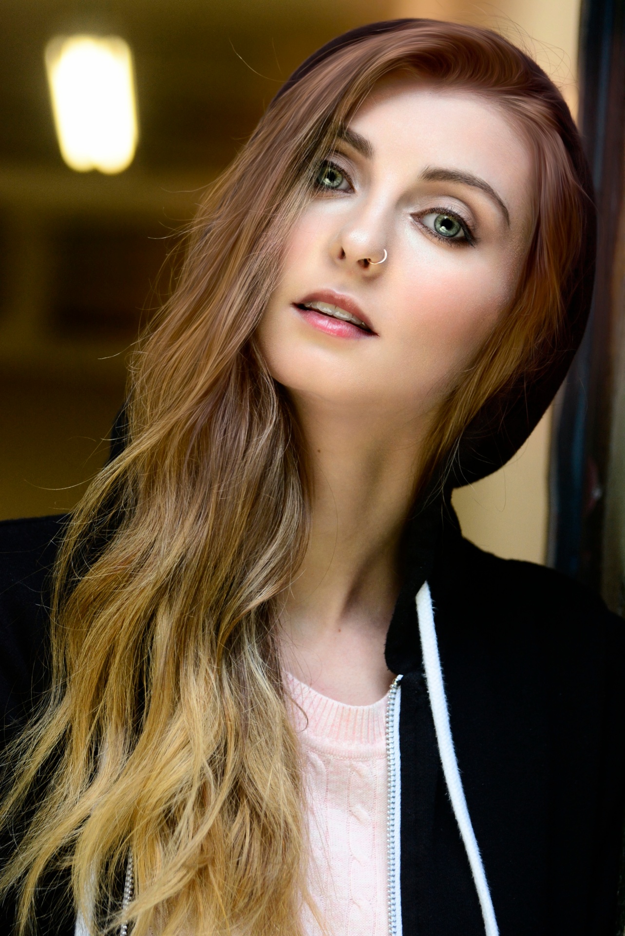 Young actress headshot with long auburn hair in black hoodie, NYC by Dorothy Shi