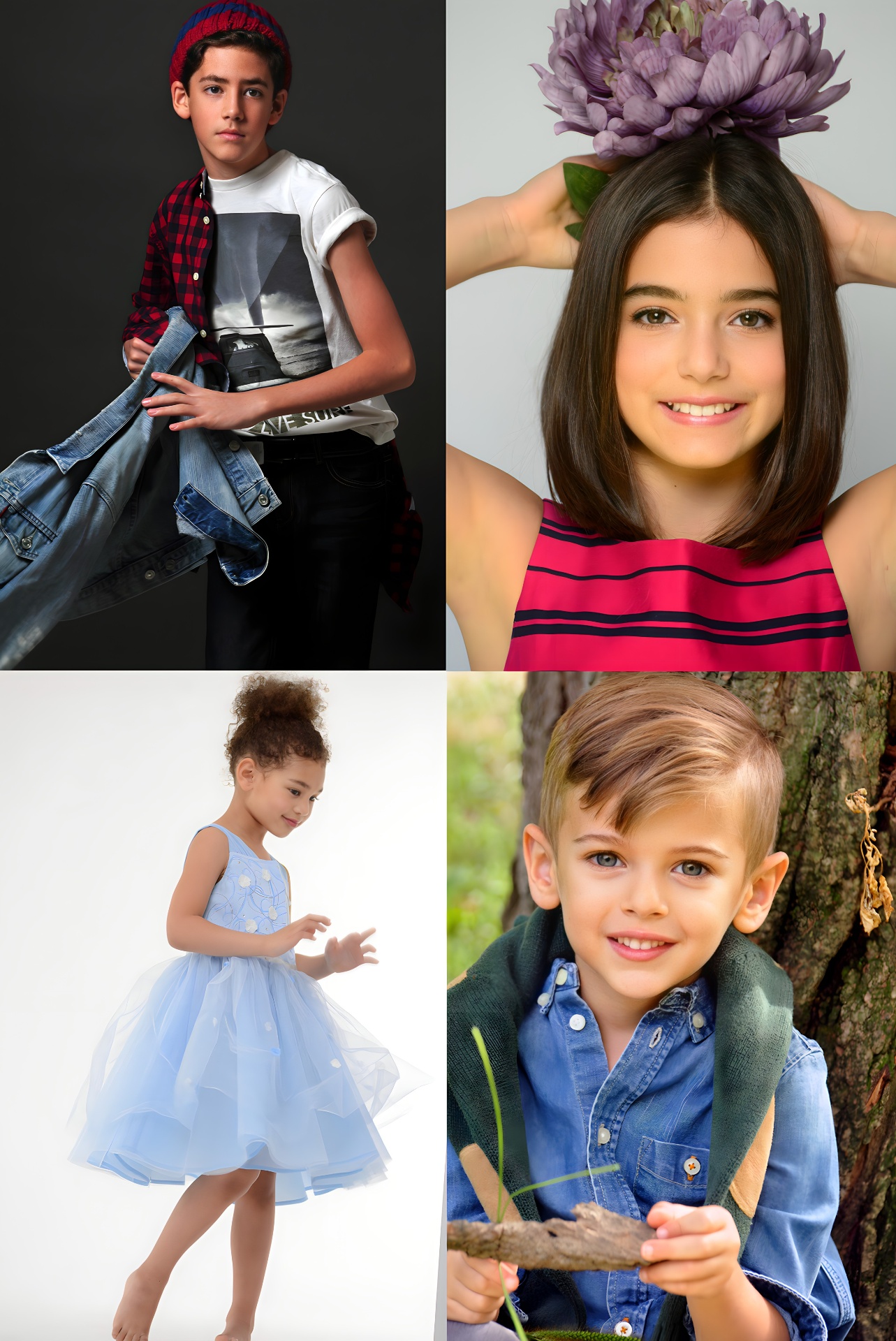 Children's model portfolio composite — actor and fashion looks NYC