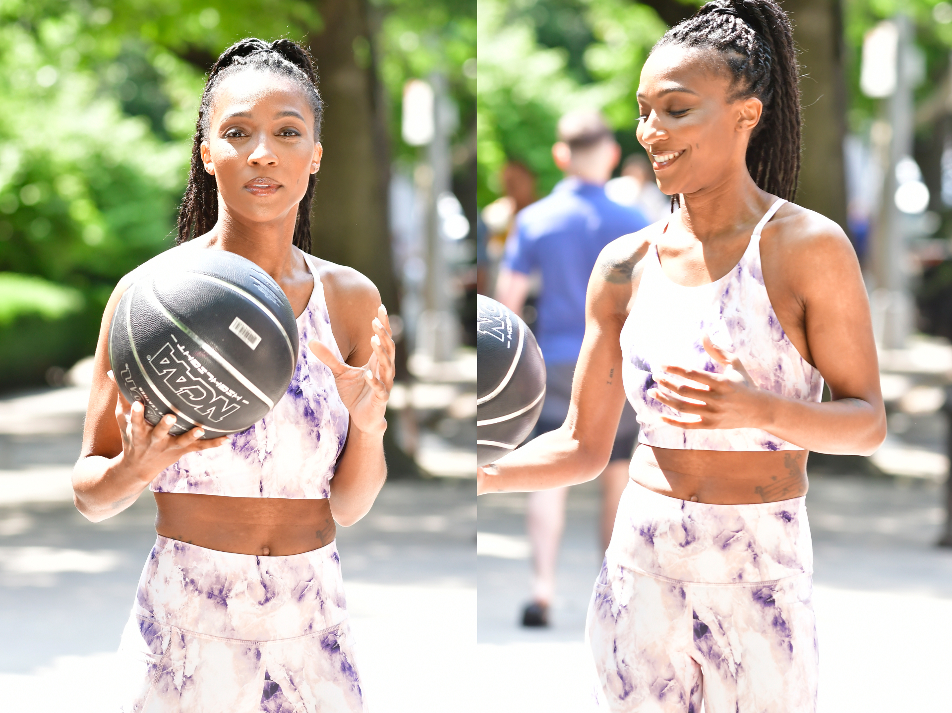 Commercial fitness lifestyle — athlete with basketball in NYC park
