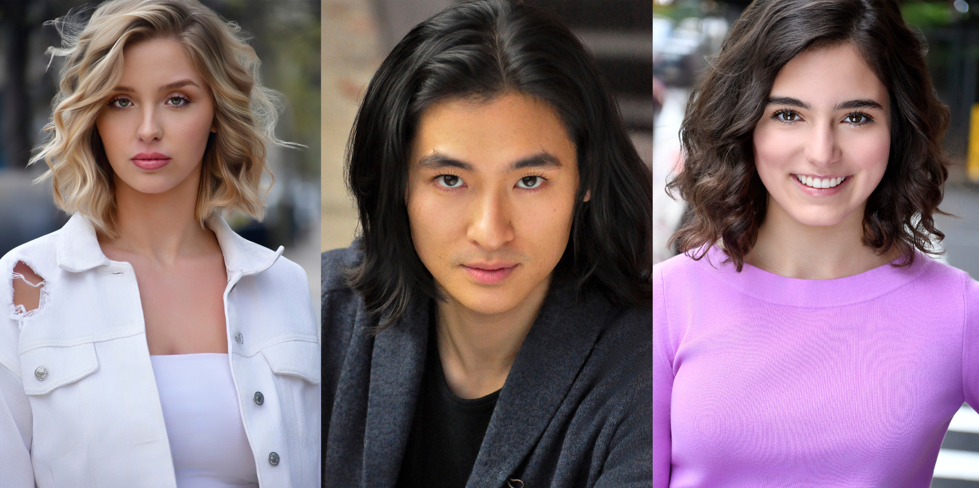 Acting headshot trio — blonde actress, Asian actor, brunette actress, NYC 2026